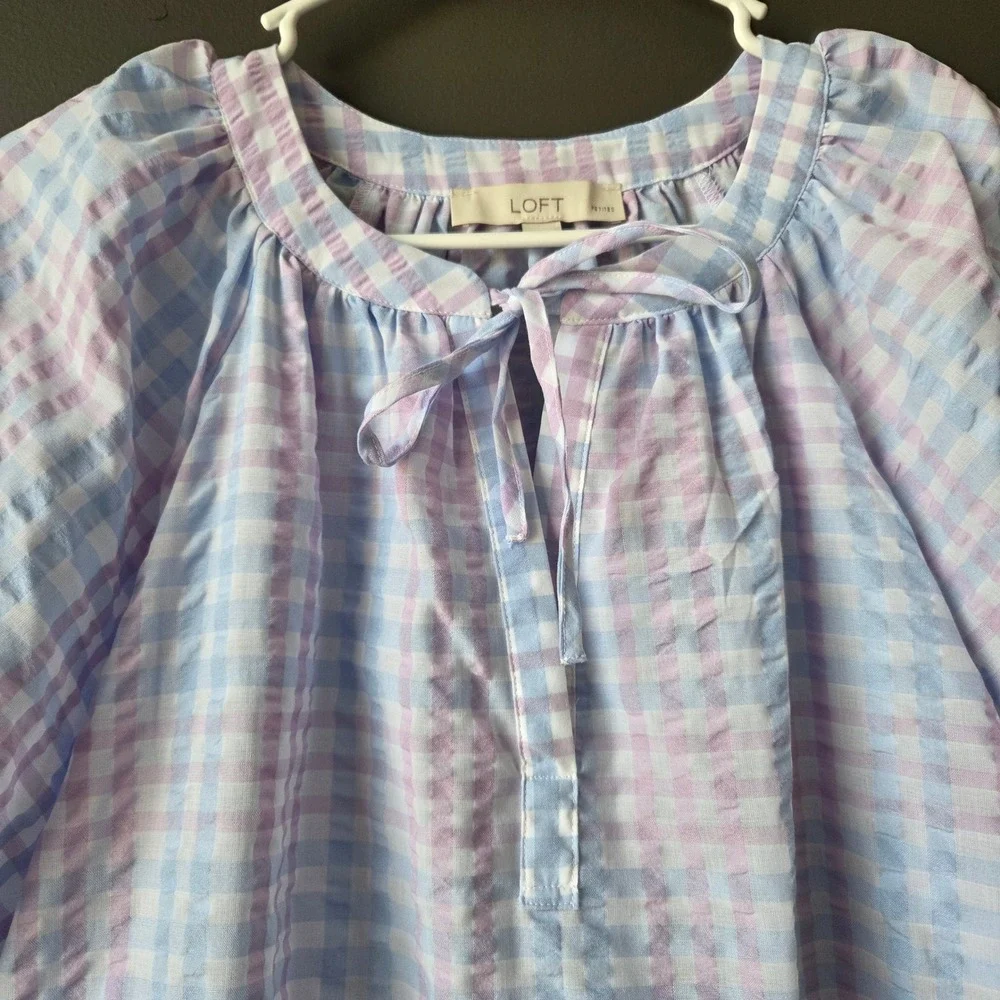 LOFT Petites Blue‎ Purple Gingham Seersucker Puff Sleeve Tie Neck Blouse Lg P